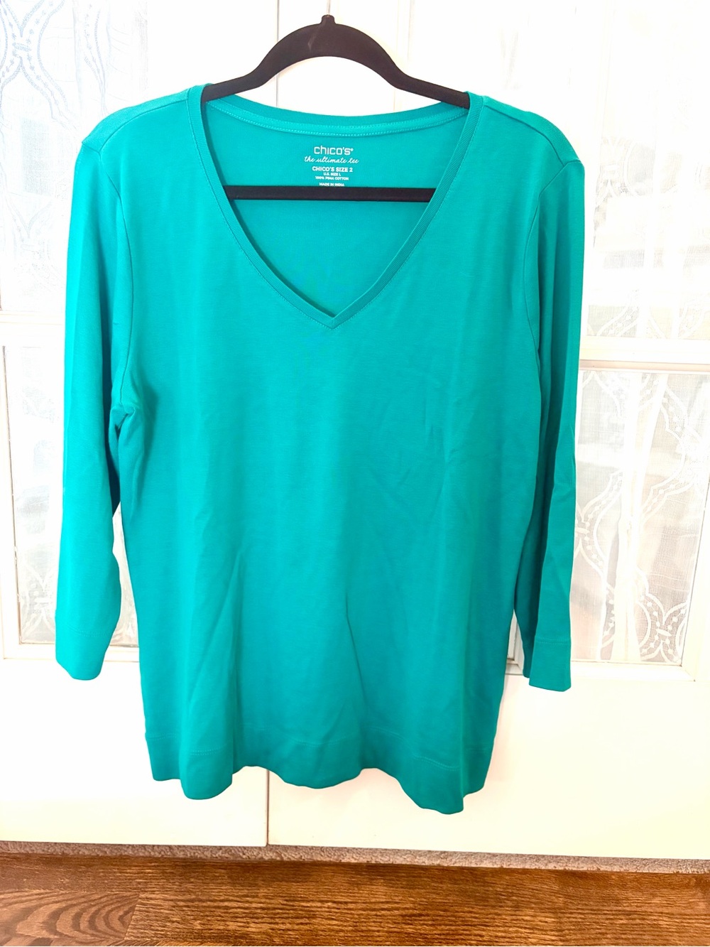 Chico's Teal V-Neck Long Sleeve Top EUC size 2 (12-14) 100% Pima Cotton